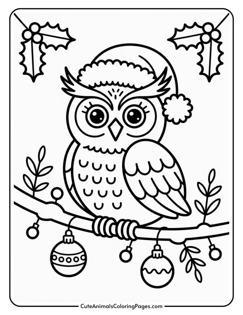 A coloring page featuring a cartoon owl wearing a Santa hat perched on a branch with Christmas decorations and surrounded by holly leaves.