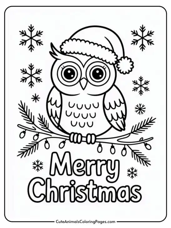 A coloring page featuring a cartoon owl wearing a Santa hat, perched on a branch decorated with Christmas lights. The background includes snowflakes, and the words 'Merry Christmas' are written below the owl.