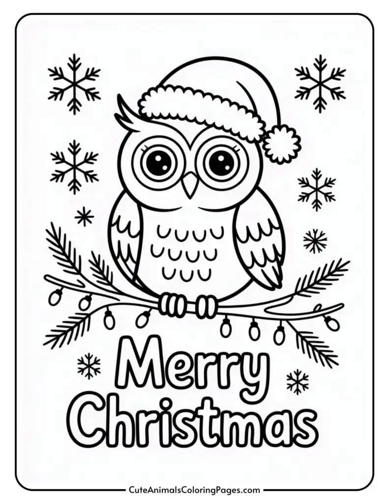 A coloring page featuring a cartoon owl wearing a Santa hat, perched on a branch decorated with Christmas lights. The background includes snowflakes, and the words 'Merry Christmas' are written below the owl.