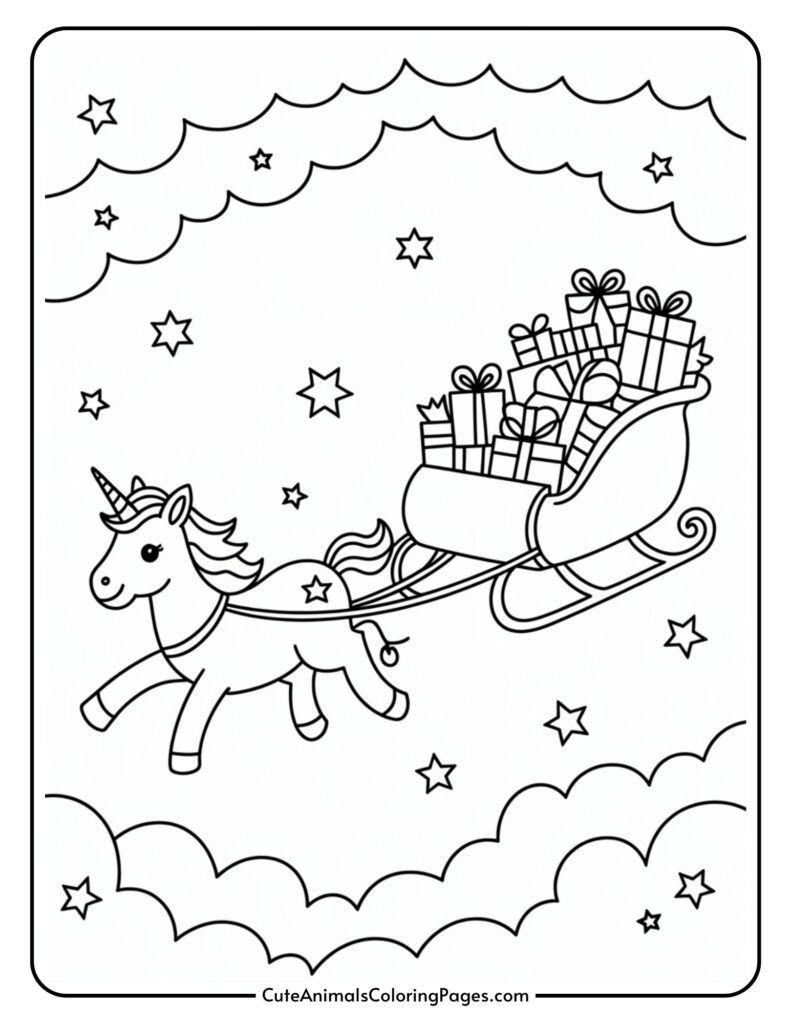 A coloring page depicting a unicorn drawing a chest full of wrapped presents in a starry sky with clouds.