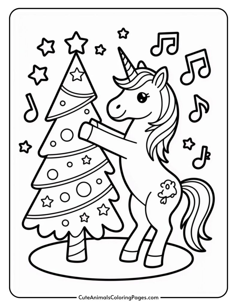 A coloring page featuring a unicorn decorating a Christmas tree with musical notes and stars in the background.