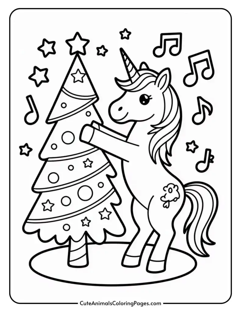 Coloring page featuring a unicorn decorating a Christmas tree with musical notes and stars in the background.