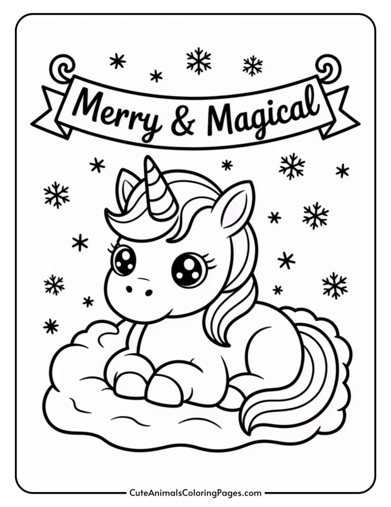 A coloring page featuring a cute unicorn with big eyes, perched on a fluffy cloud surrounded by snow, with the text 'Merry & Magical' above.