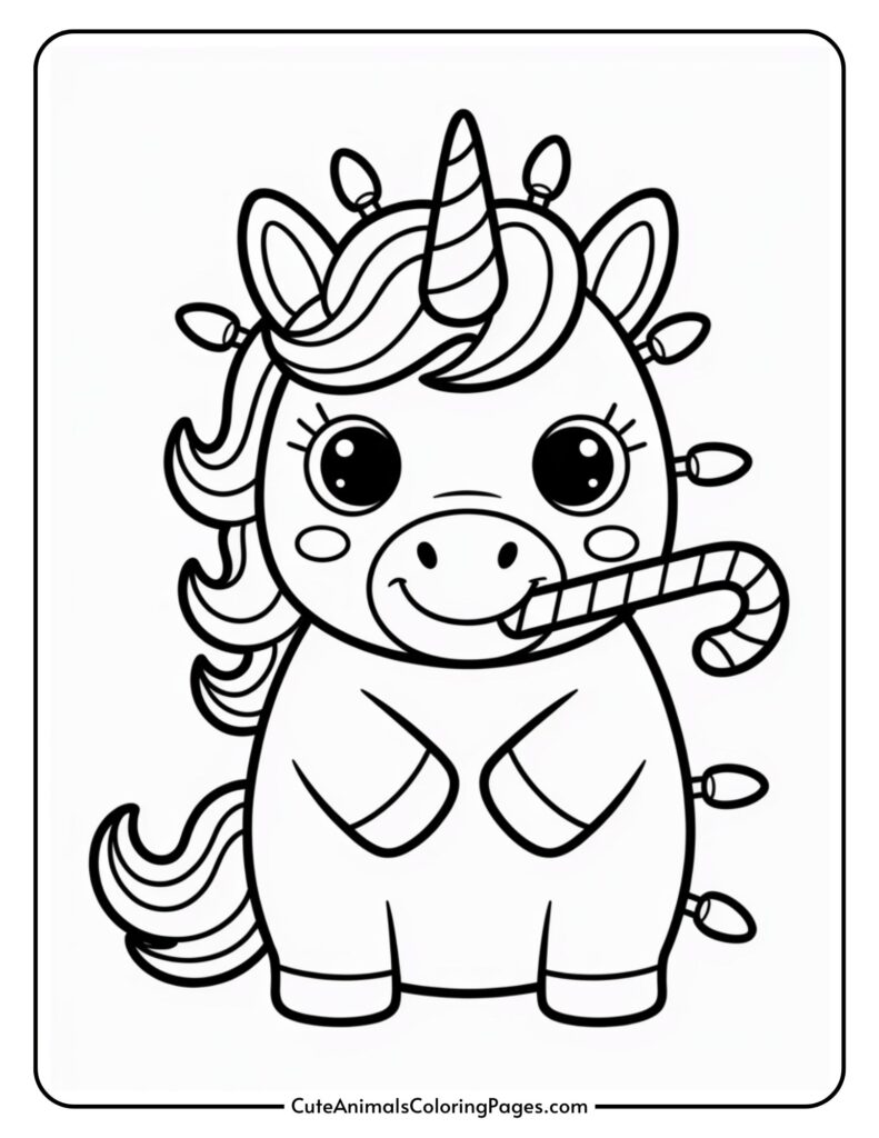 A cute cartoon unicorn with a candy bottle in its mouth is standing on its hind legs. It has large eyes, a spiral beak, an ornate beak, and small beaks. Uncorn is surrounded by simple lines and made for coloring.