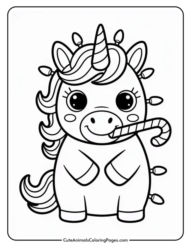 A cute cartoon unicorn with a candy cane in its mouth, standing on its hind legs. It has large eyes, a spiraling horn, decorated mane, and small hoofs. The unicorn is surrounded by simple outlines and is designed for coloring.