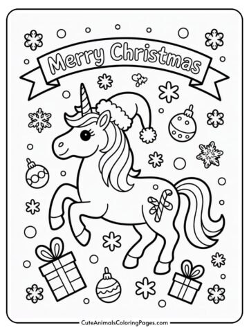 Coloring page featuring a unicorn wearing a Santa hat with 