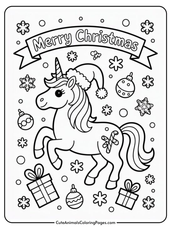 Christmas Unicorn Coloring Page (8 Sheets To Color)