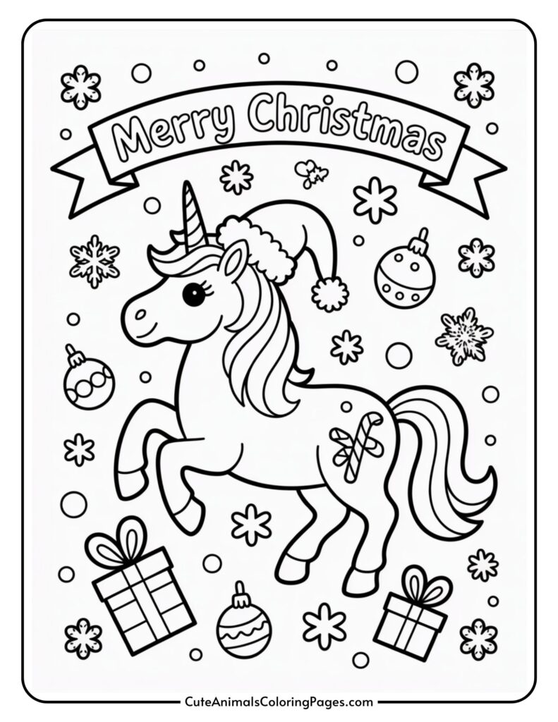 A coloring page with a unicorn wearing a Santa hat 