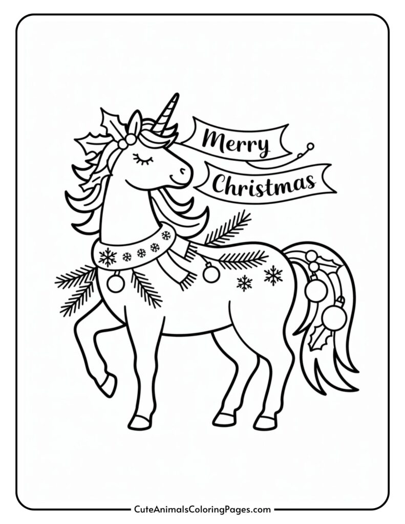 Black and white illustration of a unicorn decorated with Christmas decorations and a hat, with a banner that says 