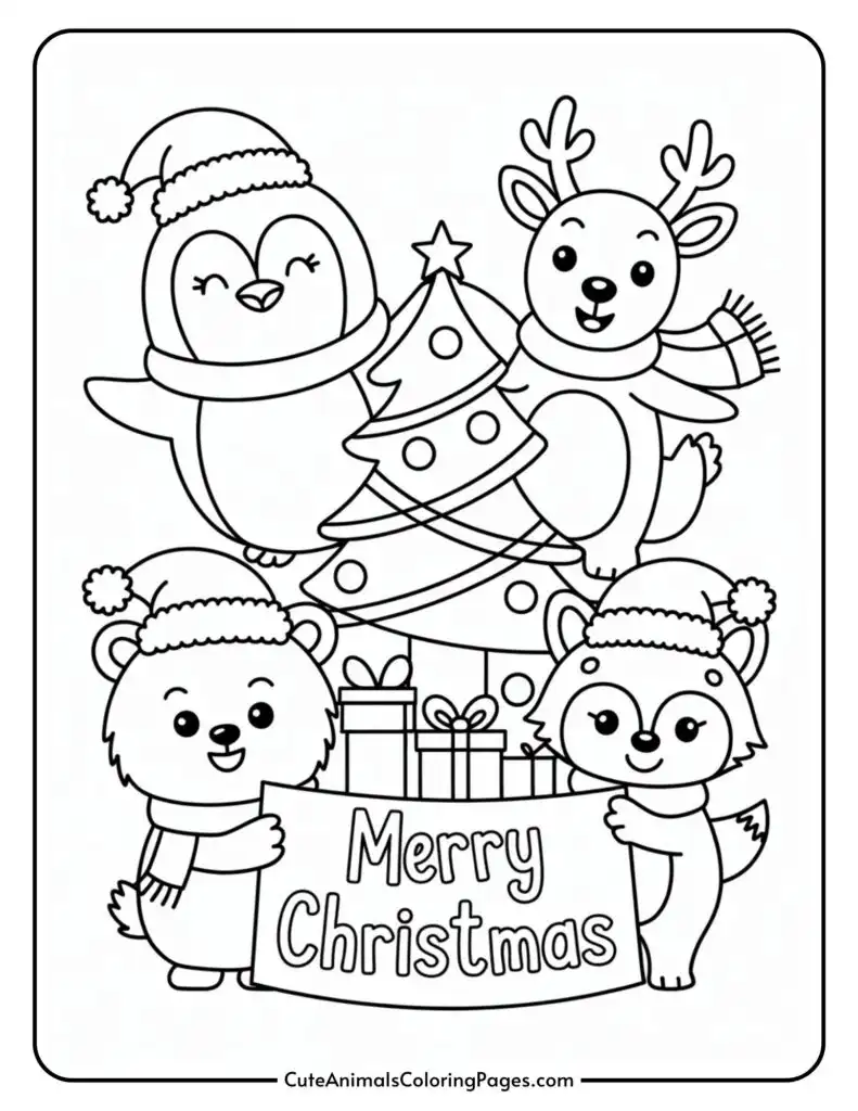 A Christmas coloring page featuring a cartoon penguin, reindeer, bear, and fox wearing Santa hats and caps, surrounding a decorated Christmas tree with presents. The bear and the fox hold a sign that reads 