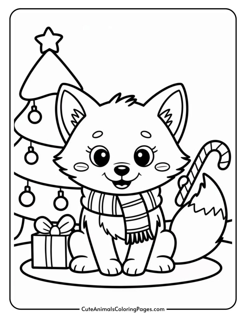 A cute cartoon fox wearing a striped hat is sitting in front of a decorated Christmas tree. The fox has a cheerful expression and is surrounded by festive items such as a wrapped present and candy. The scene is drawn in black and white, suitable for coloring.