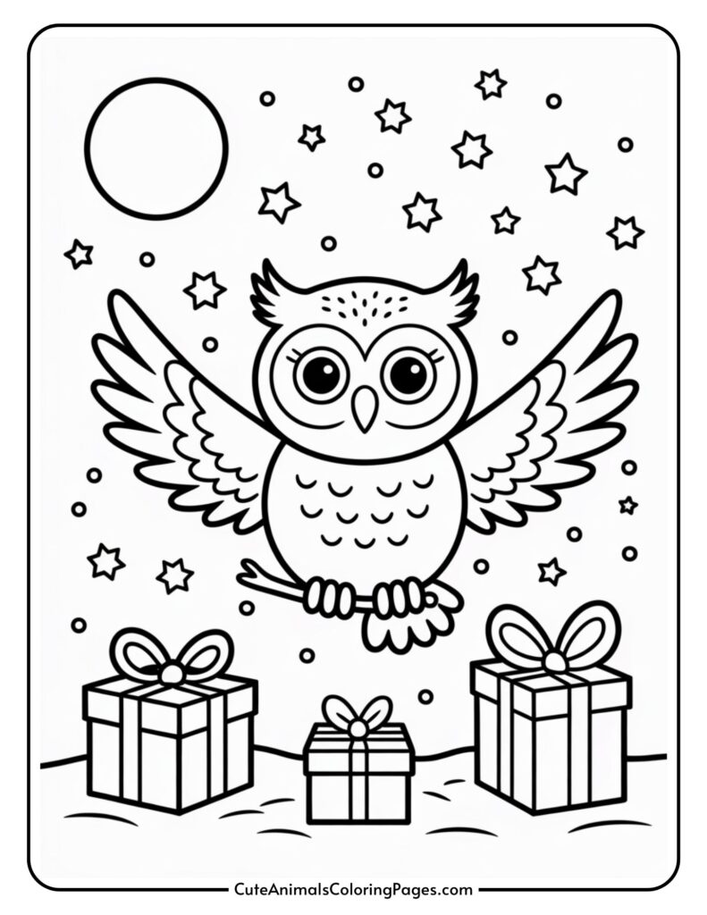 A cartoon dog with big eyes and spread wings flies above three gift boxes, surrounded by stars and a full moon in the night sky.