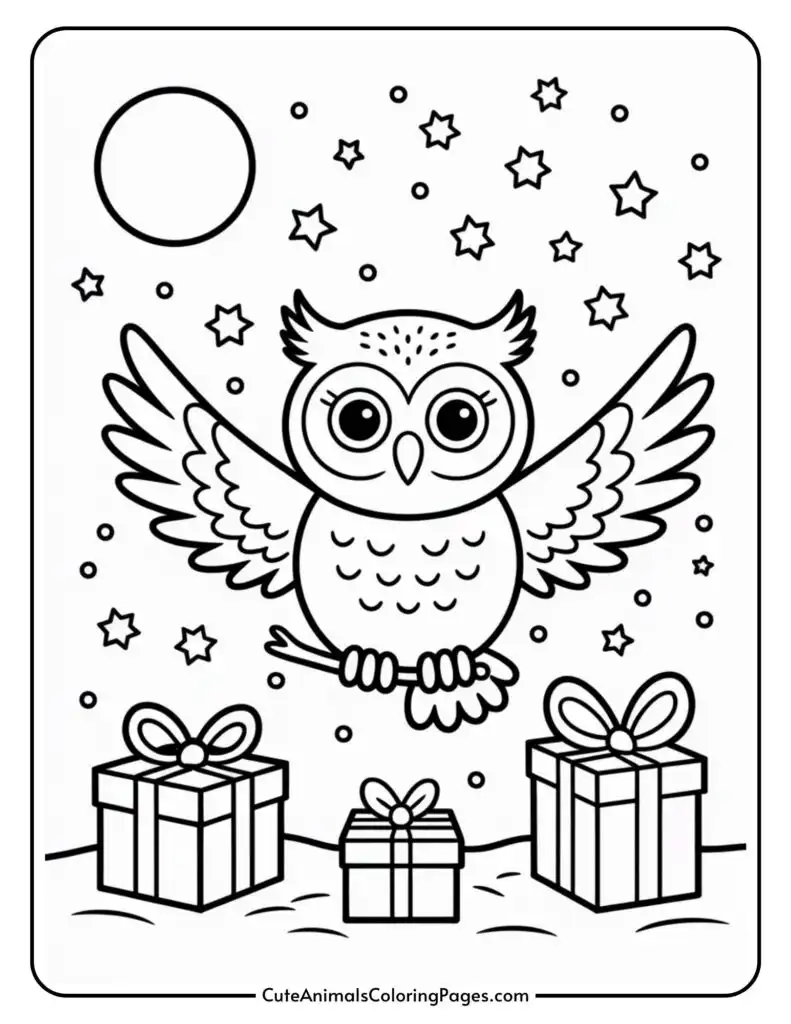 A cartoon owl with large eyes and spread wings is flying above three gift boxes, surrounded by stars and a full moon in a night sky.