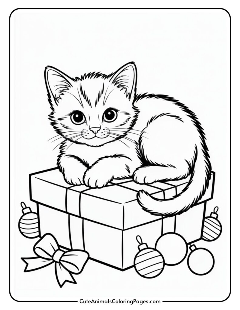 A black and white illustration of a cute kitten sitting on a wrapped gift box surrounded by Christmas decorations and a bow on the front of the box.