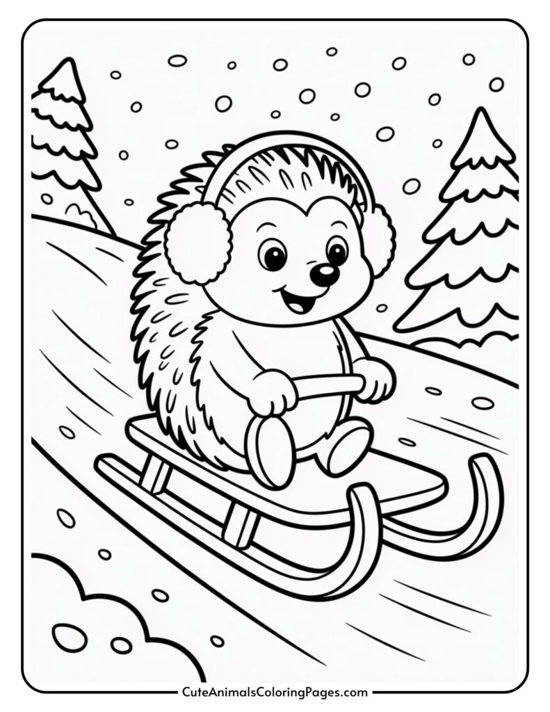 A cartoon rabbit wearing headphones is joyfully climbing down a snowy mountain, surrounded by snowdrops and pine trees in the background.