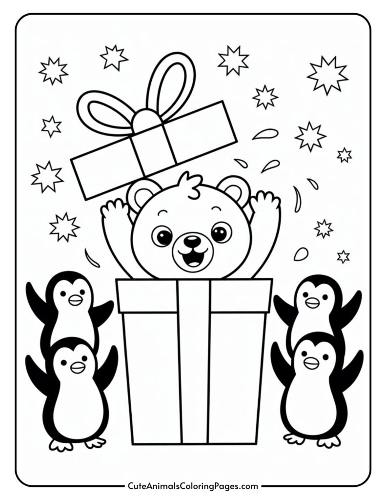 A cute coloring page featuring a bear emerging from a gift box surrounded by four penguins and star decorations.