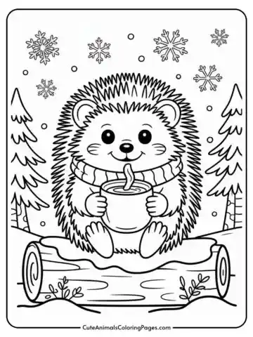 A cute cartoon hedgehog wearing a sweater, sitting on a log, holding a steaming cup in a snowy landscape with trees and snowflakes.