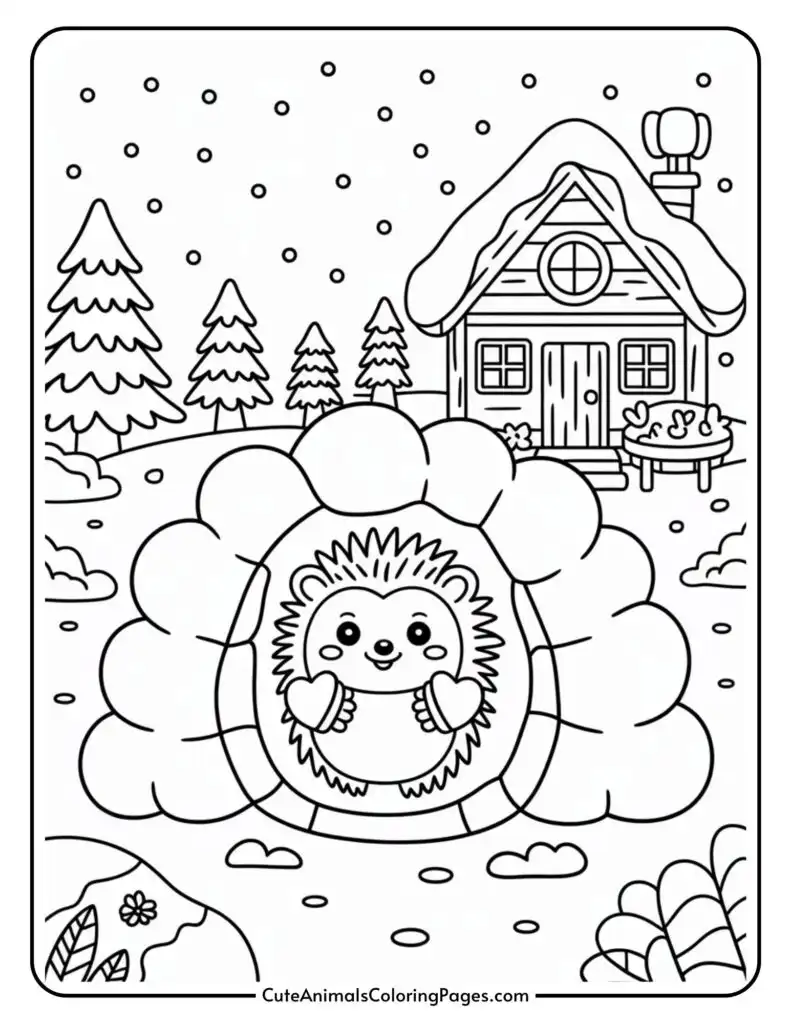A coloring page featuring a cute hedgehog peeking out of a burrow surrounded by snow, with a cozy cottage and trees in the background, and snowflakes falling from the sky.