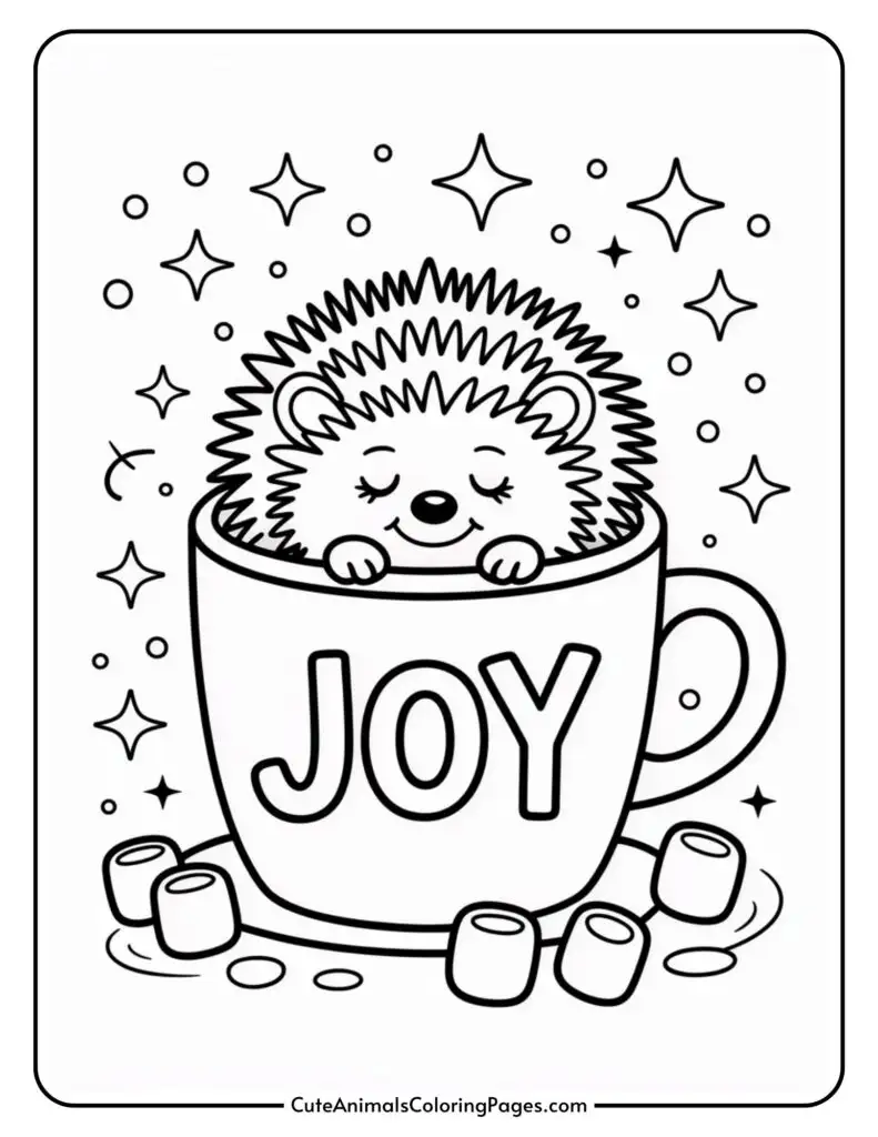 Illustration of a cute hedgehog peeking out of a mug labeled "JOY," surrounded by stars and marshmallows.