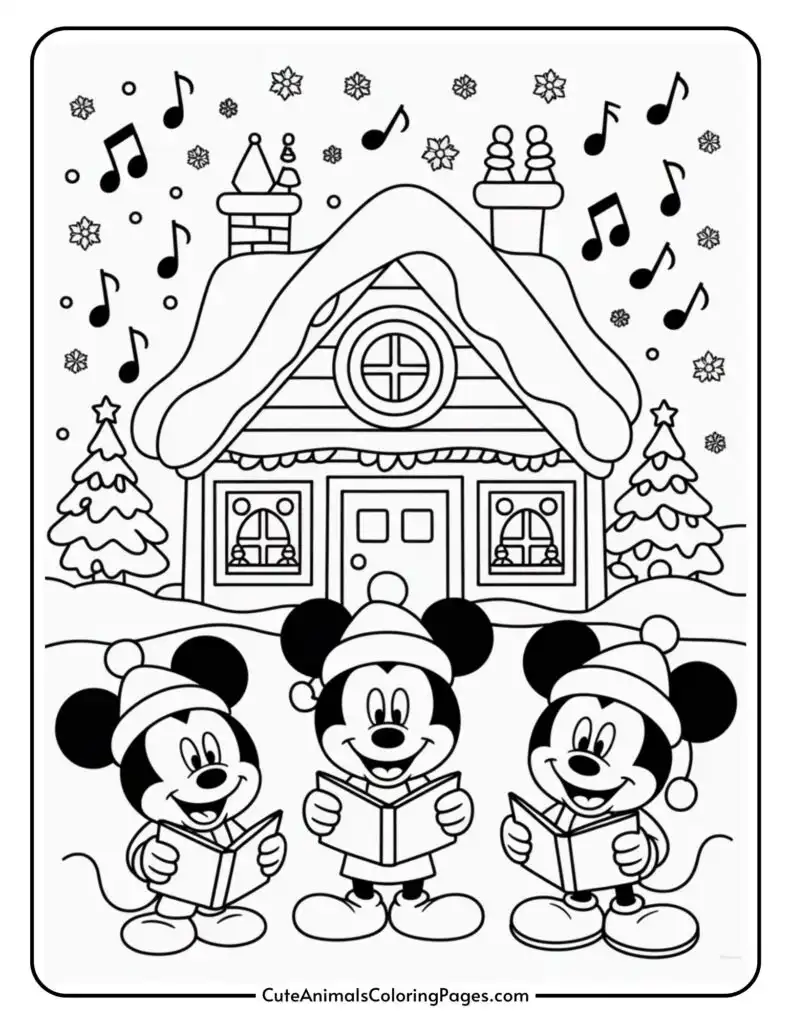 Three cartoon mice wearing winter hats are caroling in front of a snow-covered house surrounded by decorated Christmas trees, with musical notes and snowflakes in the background.