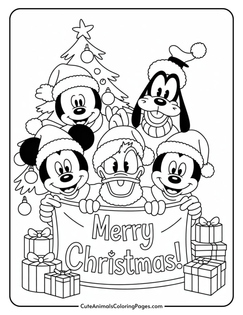 Cartoon characters wearing Santa hats and a