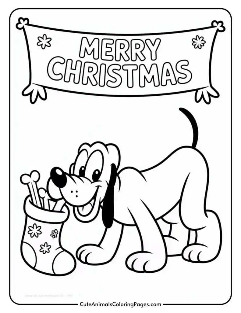 A cartoon dog smiling with a Christmas stocking filled with bones in its mouth, under a banner reading "Merry Christmas."