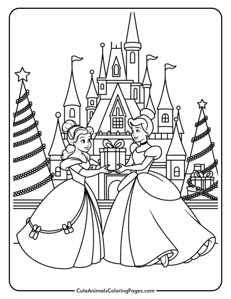 Two princesses exchanging a gift in front of a castle, with decorated Christmas trees on either side, in a coloring page illustration style.
