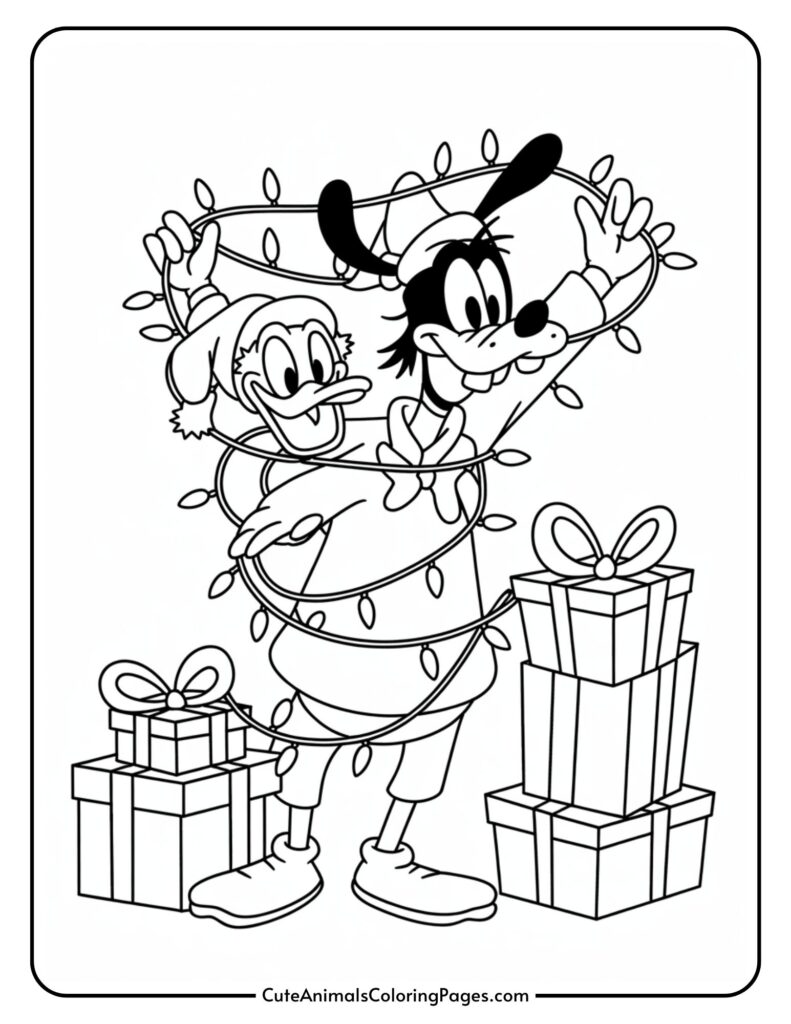 Two animated characters, dressed in festive costumes, humorously surrounded by Christmas lights, wrapped presents with bows.
