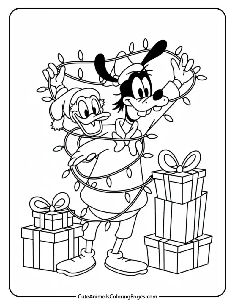 Two animated characters, wearing festive attire, are humorously tangled in Christmas lights, surrounded by wrapped gifts with bows.