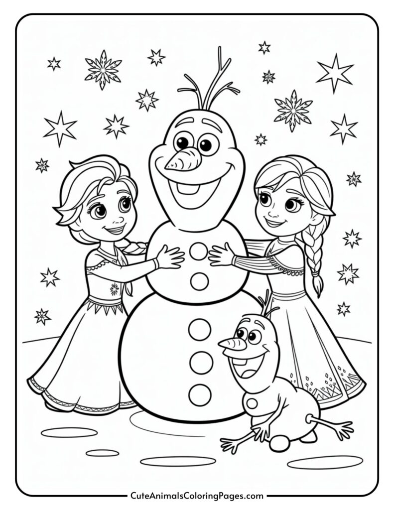 Two children and a snowman smile together, surrounded by snow and stars, in a coloring page picture.