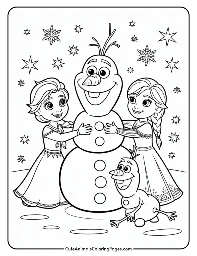 Two children and a snowman smiling together, surrounded by snowflakes and stars, in a coloring page illustration.