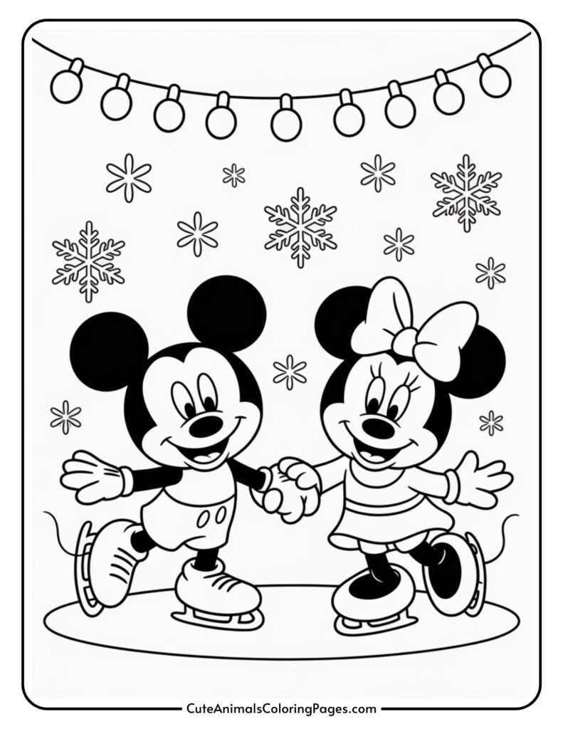 Two cartoon characters, a pair of mice, skating on ice while holding hands. They are surrounded by snowflakes and hanging light beams. The scene is black and white, like a page in a coloring book.