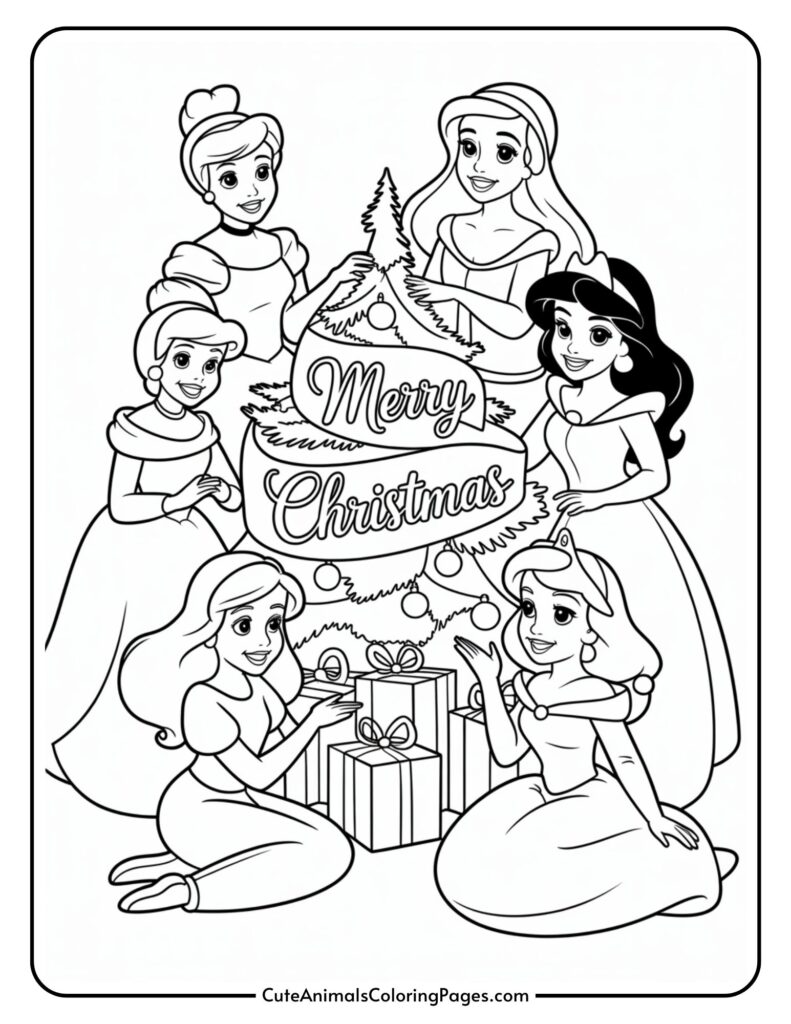A black and white coloring page featuring five cartoon princesses around a Christmas tree decorated with the words 'Merry Christmas'. They are smiling and surrounded by wrapped presents.