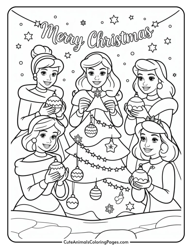 Line drawing of five women in winter clothes carrying Christmas ornaments around a decorated Christmas tree, above them the word