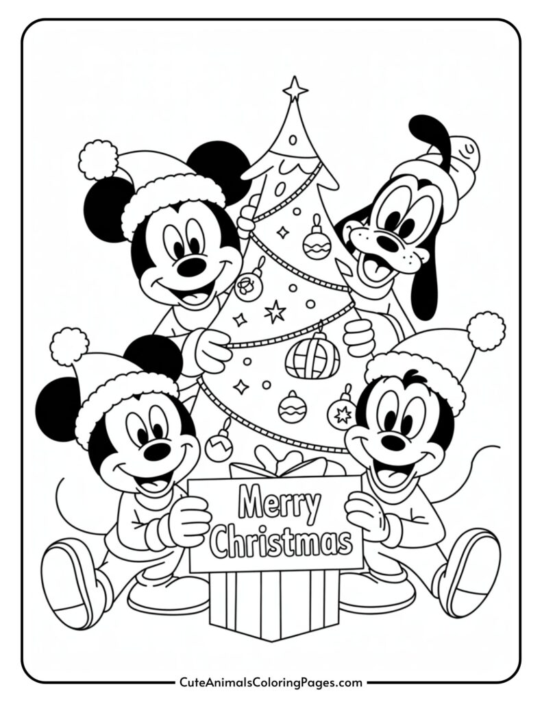 Cartoon characters wearing Santa hats gathered around a decorated Christmas tree, sign on