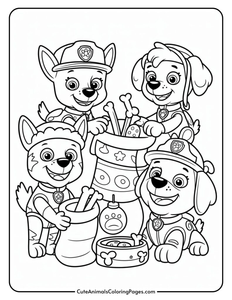 A coloring page featuring four cartoon dolls in their uniforms, gathered around bags and bowls filled with bones and animal food.