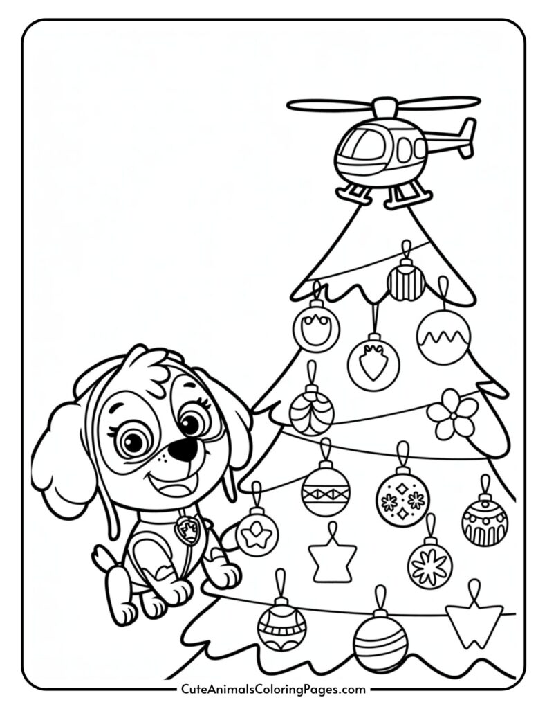 A coloring page of a cartoon dog sitting next to a decorated Christmas tree with a small helicopter on it. The tree has various ornaments and a star at the bottom. The dog is smiling and wearing a beige hat.