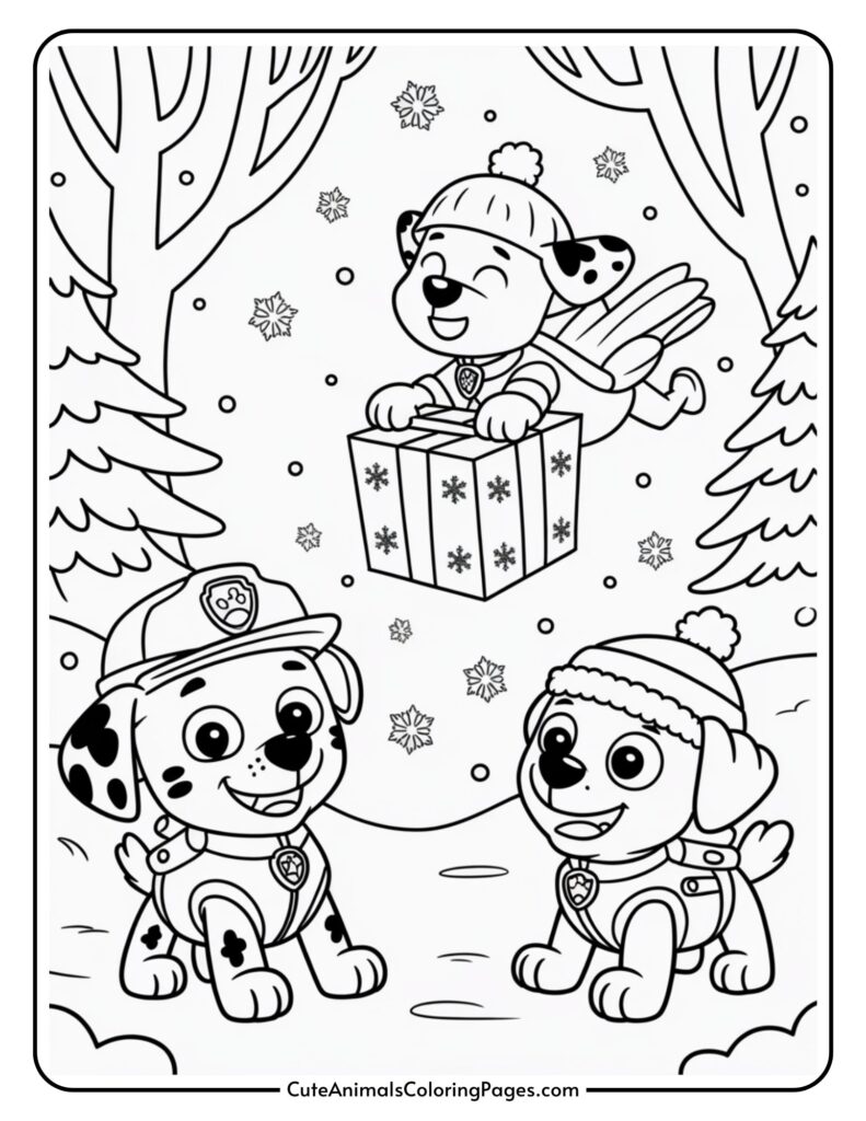 Three cartoon dolls dressed in winter clothes are in a snowy forest; two are sitting on the ground, one is flying above, holding a large gift box decorated with snowflakes.
