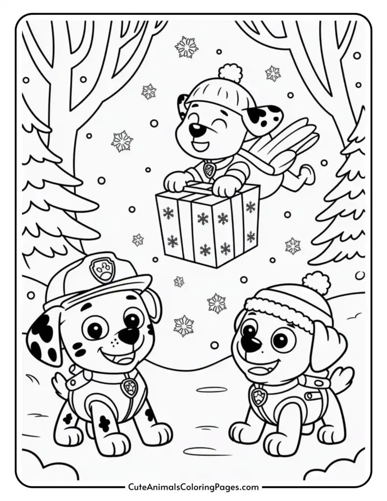 Three cartoon puppies wearing winter hats and outfits are in a snowy forest setting; two are sitting on the ground while one is flying above, holding a large gift box decorated with snowflakes.