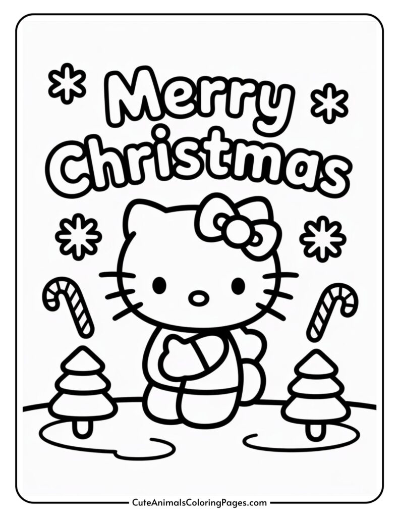 A coloring page with a cartoon cat with a bow on its head standing between two decorated Christmas trees, under text