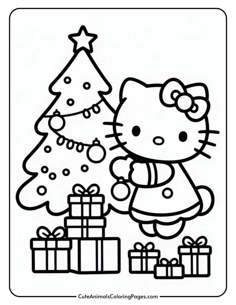 A cartoon cat character in festive clothes decorating a Christmas tree with ornaments, surrounded by wrapped presents.