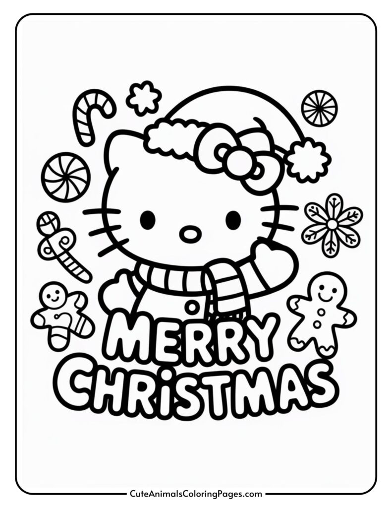 A Christmas themed coloring page featuring a cartoon cat wearing a Santa hat and hat. Around the cat are candy fountains, bell men, flowers, candy canes and words.