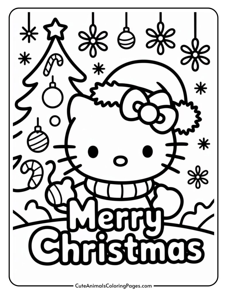 A colorful page featuring Hello Kitty wearing a hat and Santa hat, surrounded by Christmas decorations such as a Christmas tree, ornaments, and snowflakes, with the words 'Halloween' below.