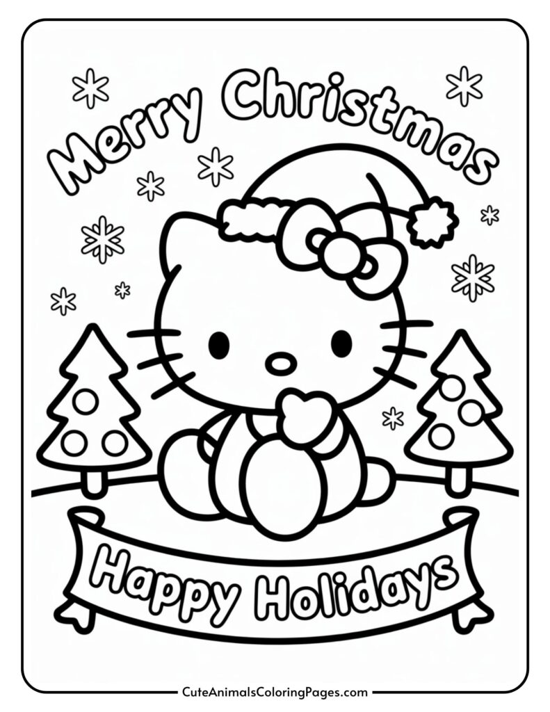A Christmas-themed coloring page featuring a cartoon cat wearing a Santa hat and bow, surrounded by snowflakes and two Christmas trees. Text