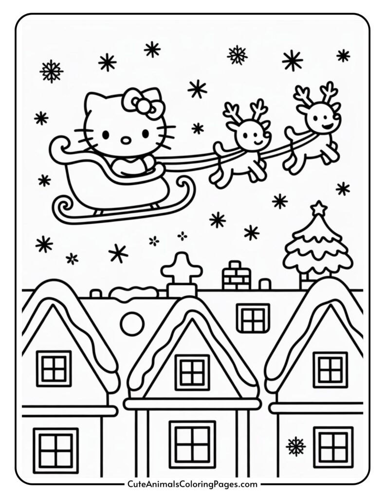 A coloring page illustration of a cute cat character riding on a border drawn by two reindeer, flying over snowy houses. The sky is filled with snow and stars.
