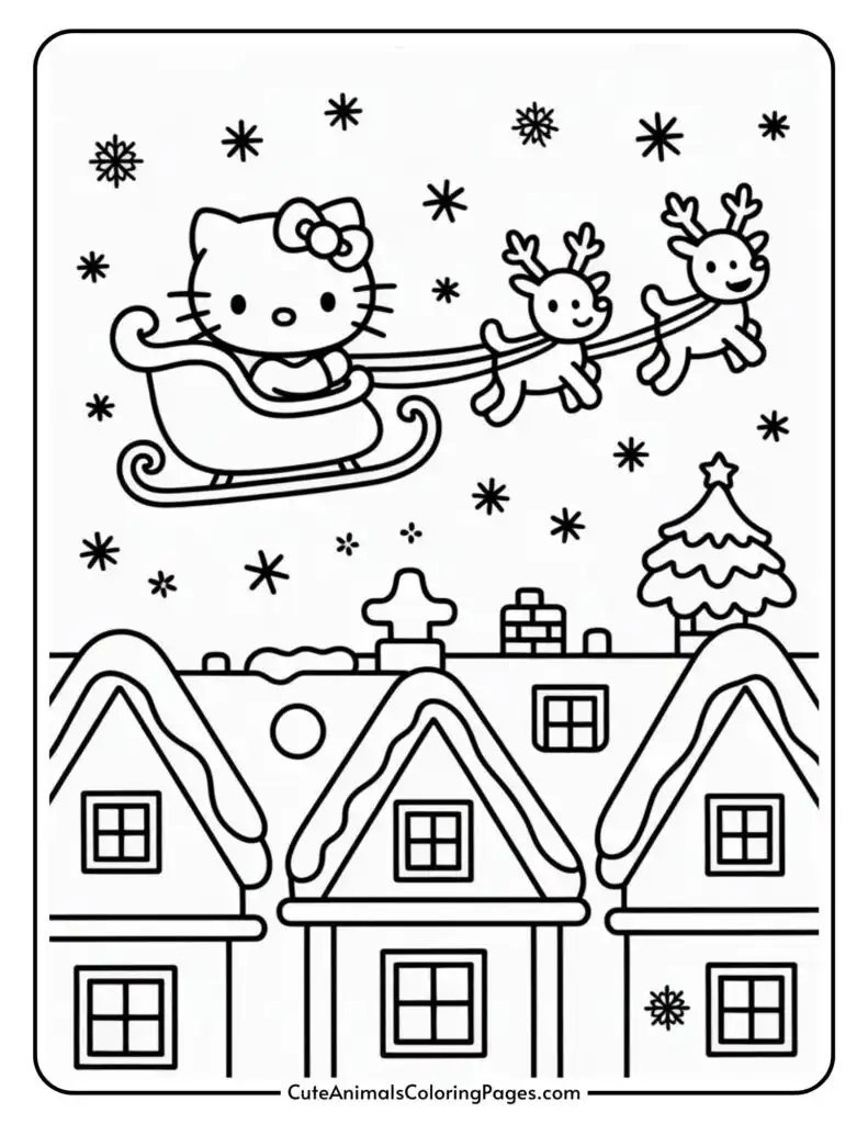 A coloring page illustration of a cute cat character riding in a sleigh pulled by two reindeer, flying over snow-covered houses. The sky is filled with snowflakes and stars.