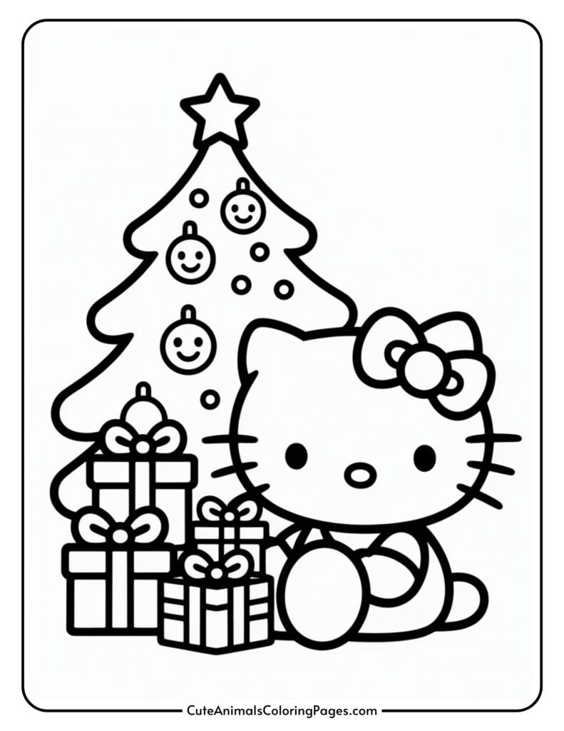 A cartoon character with a bow on his head is sitting next to a decorated Christmas tree and some wrapped presents. The tree is decorated with smiley face ornaments and a star.