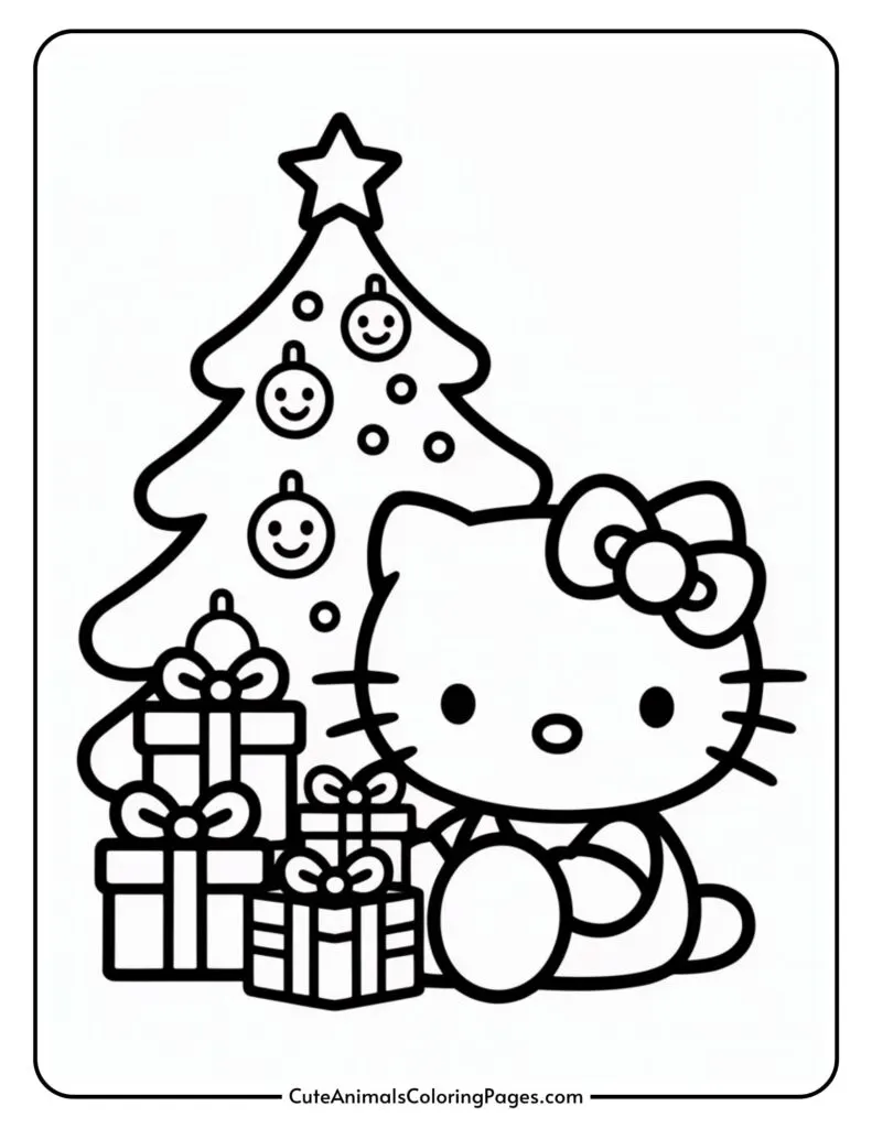A cartoon character with a bow on its head sitting next to a decorated Christmas tree and several wrapped gifts. The tree is adorned with smiley face ornaments and topped with a star.