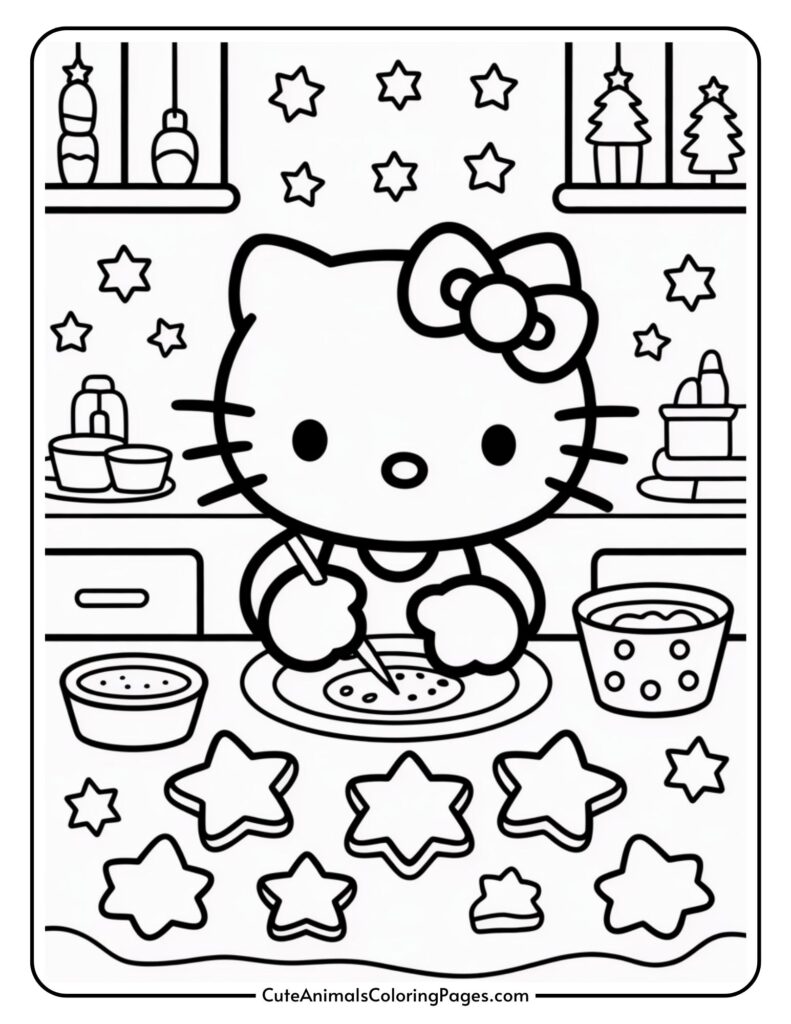 A cartoon cat character decorates cookies in the kitchen, which is surrounded by star cookies and baking utensils, with shelves showing bottles and Christmas trees in the background.