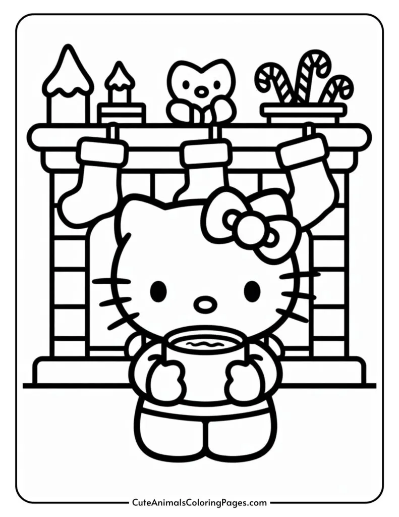 A cartoon character holding a cup stands in front of a fireplace with stockings, a small bear figure, and candy canes on top.